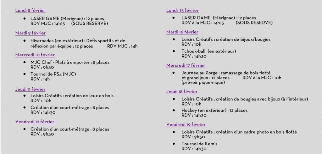 Calendrier activités vacances hiver 2021