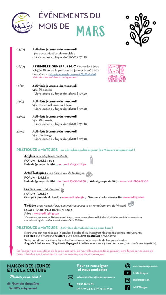 Programme des animations du mois de mars 2021