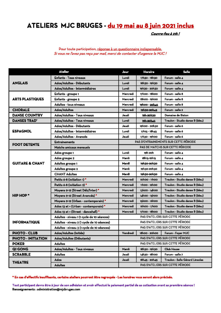 Planning ateliers hebdomadaire du 19/05 au 08/06