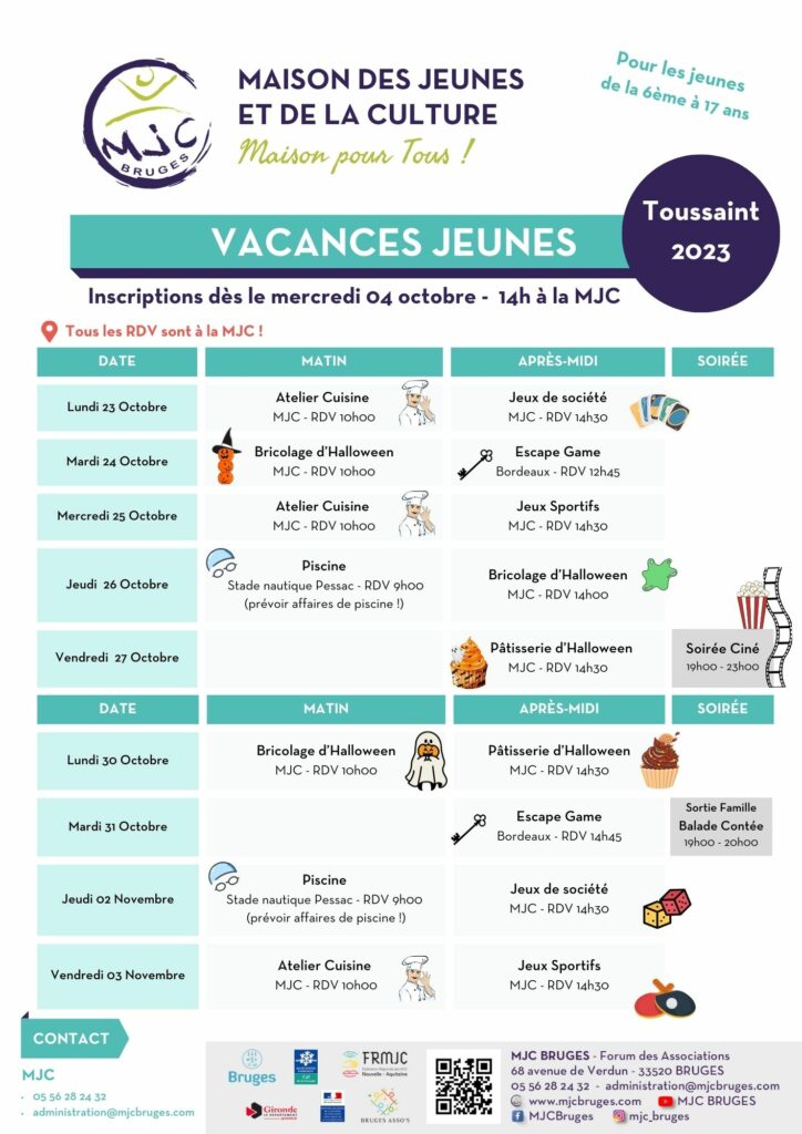 Programme vacances Toussaint 2023 MJC Bruges